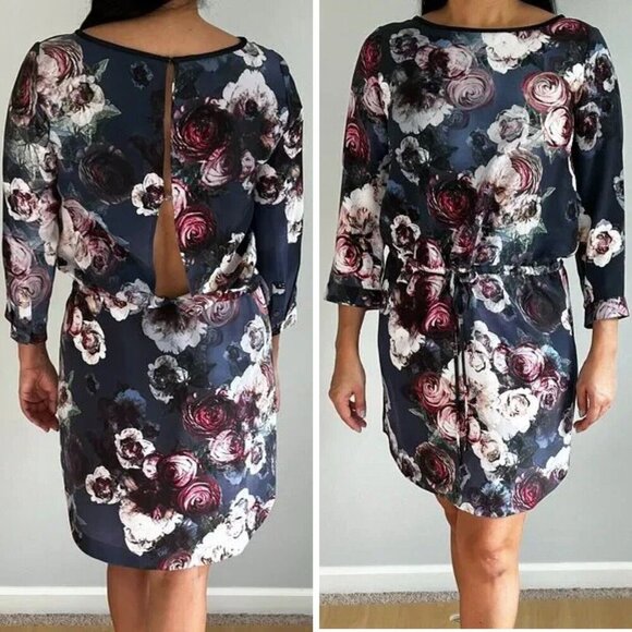 Club Monaco Gray Floral Rose Long Sleeves Silk Mini Dress Size 00 - Picture 1 of 11